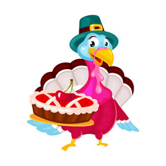 Thanksgiving day flat vector illustration. Turkey with traditional hat. Fall annual holiday celebration. Pilgrims turkey with cherry pie isolated cartoon character on white background