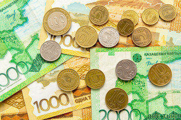 Paper money and tenge coins, Kazakhstan.