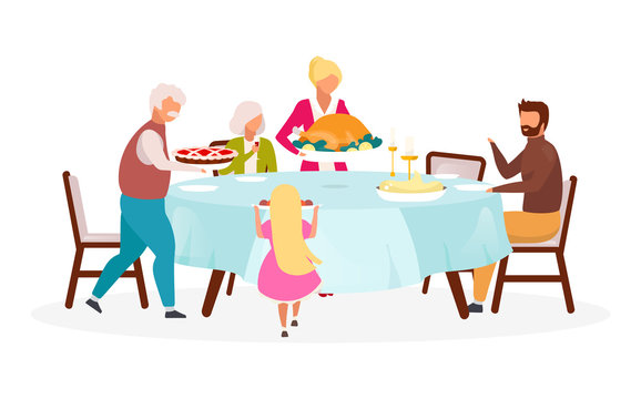 Thanksgiving day flat vector illustration. Fall holiday celebration. Annual festive meal. Celebrating harvest together. Family dinner with turkey isolated cartoon character on white background