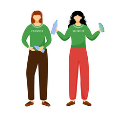 Waste management flat vector illustration. Young volunteer, environmental activists isolated cartoon characters on white background. Women recycling garbage. Pollution prevention concept