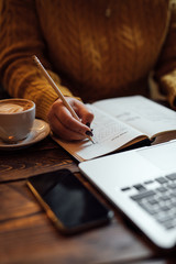 Female designer sketching web design into diary at office