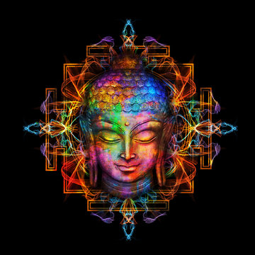 Existential Image of Lord Buddha - digital art collage combined with watercolor in psychedelic colors with tibetan mandala on the background