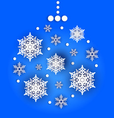 Christmas or new year greeting card or poster. Paper cut banner with voluminous snowflakes with glitter.