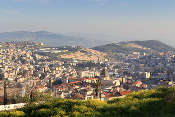 Cityscape panorama of Nazareth with Basilica Church of the Annunciation, Israel