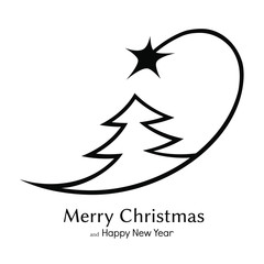 Black and white Christmas tree with a shooting star (fireworks) logo. Simple Vector logo for design and typography. Design for gift wrapping and souvenirs.