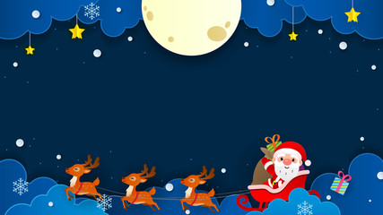 Christmas night background vector illustration. Santa Claus riding reindeer sleigh with copy space