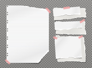 Fototapeta premium Set of torn white and lined note, notebook paper strips and pieces stuck with red sticky tape on dark squared background. Vector illustration