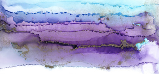 Abstract blue paint blots background. Alcohol ink colors. Marble texture. Horizontal banner.