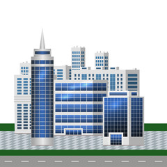 Urban landscape with big modern buildings. Smart city, business center, skyscraper houses. For cityscape background, concept or metropolis scene. Flat style. Vector illustration