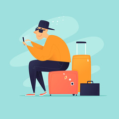 Traveling, guy sitting on the suitcases. Flat design vector illustration.