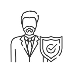 Lawyer with shield line black icon. Defendant defense. Courthouse concept. Law and justice profession. Sign for web page, mobile app, button, logo. Vector isolated button. Editable stroke.