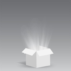 Vector opened gift box with magical silver shiny rays coming out of it isolated on white background. Surprise concept. Holiday sale banner for invitations, posters. Cardboard package for birthdays.