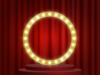 Retro vector electrical sign with blank copy space, marquee background. Show time board for performance, cinema, entertainment, roulette, poker. Shining light bulbs vintage on red velvet curtains.