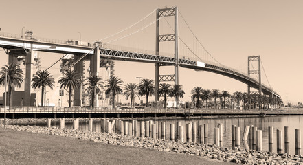 Image of the Vincent Thomas Bridge in the Port of Los Angeles. This suspension bridge connect terminal Island and San Pedro.