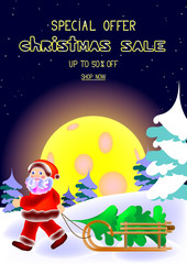 Naklejka premium Christmas sale banners Discounts up to 50% Special offer Shop now. Advertising poster for shops. Santa Claus, sled, Christmas tree, snow, Christmas tree, big moon, gold letters,blue background EPS 10