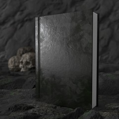Ancient Book in cave with sculls. Mockup. Design template. 