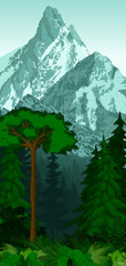 Fototapeta premium vector woodland green forest trees backlit with mountains
