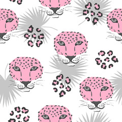 Vector seamless tropical pattern with leopard heads and palm leaves.