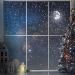 Obraz na płótnie Canvas Fairytale winter christmas window and christmas object