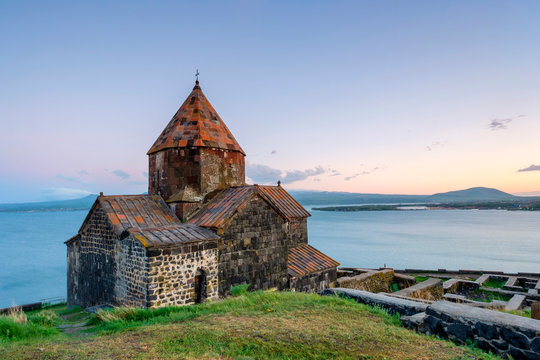 Sevanavank church on Lake Sevan at sunset, Sevan, Gegharkunik Province, Armenia