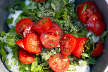 fresh vegetables in a bowl tomatoes basil mozzarella 