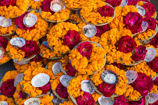 India, Uttar Pradesh, Varanasi, Flower offerings at Dashashwamedh Ghat - The main ghat on the Ganges River