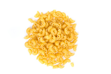 PIle of yellow dried elbow macaroni pasta shapes