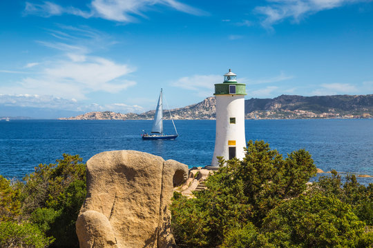 Italy, Sardinia, Sassari Province, Palau, Porto Faro Lighthouse with La Maddalena island
in distance