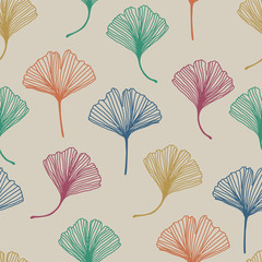 Floral vintage decorative seamless pattern with colorful ginkgo biloba leaves on beige background. Can be used for wallpaper, wrapping paper, pattern fills, textile, web page, textures. Vector Eps 10