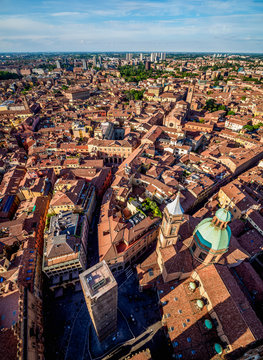 Santi Bartolomeo e Gaetano Church and Garisenda Tower, elevated view, Bologna, Emilia-Romagna, Italy