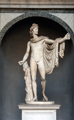 Front view of ancient Apollo Belvedere statue., antique Greek mythology art 