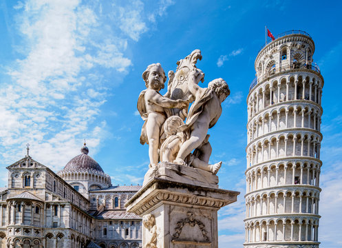 Putti Fountain and Leaning Tower, Piazza dei Miracoli, Pisa, Tuscany, Italy