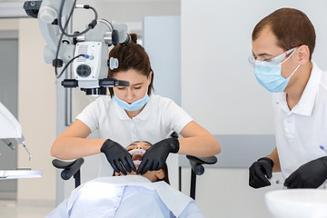 High class service in dental cabinet, dentist making surgery