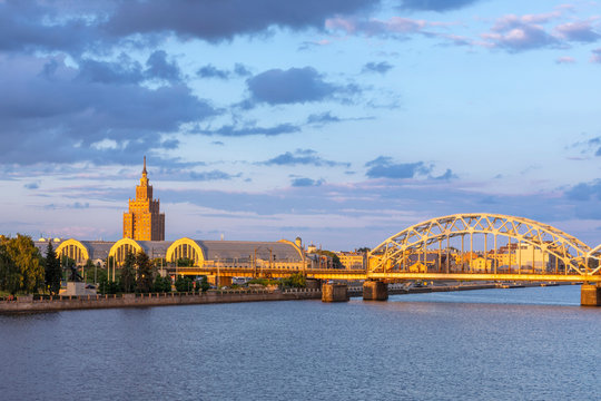 Academy of Sciences Building, The Central Market and The Railway Bridge Crossing the River Daugava,  Riga, Latvia