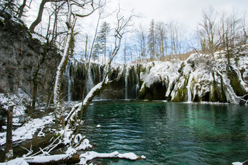 Plitvice lakes, national park in Croatia, winter landscape