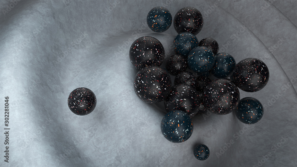 Poster abstract 3d render. dark spheres on concrete floor with waves effect.