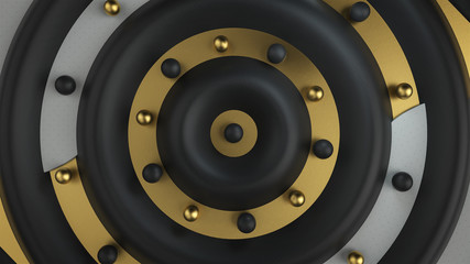 Abstract 3d render. Radial composition with waves effect and radial pattern spheres.