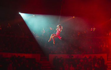 performance of aerialists in the circus arena.
