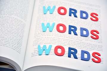 La palabra words, formada con letras de madera, sobre un libro abierto