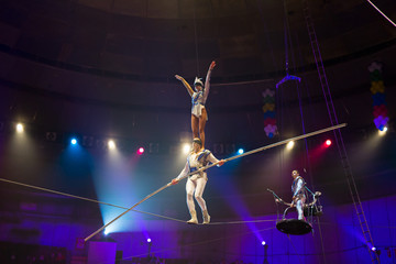 performance of aerialists in the circus arena.