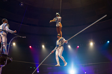 performance of aerialists in the circus arena.