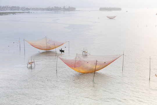 Square fishing nets (carrelets), Thu Bon River, Quang Nam Province, Vietnam