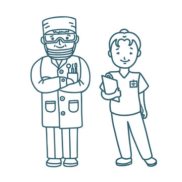 Denistry Staff Dentist and Nurse in Doodle Style