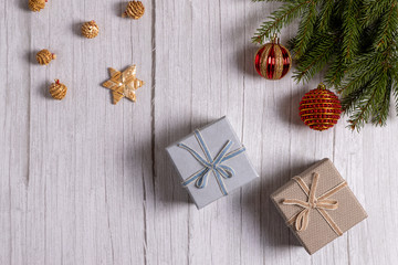 Christmas background with fir tree and decor. Top view with copy space