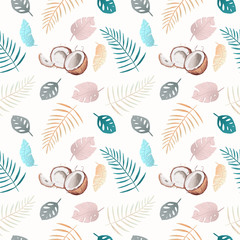 Seamless pattern Hand drawn tropical summer background: Philodendron monstera, palm leaf contours, silhouette, squiggles, dots. Illustration in pastel colors.