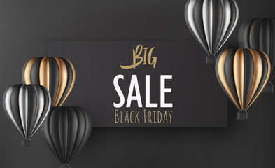 Realistic hot air balloon black gold and silver finish for black Friday flyer or banner template. Vector illustration