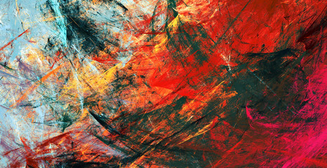 Bright artistic splashes. Abstract painting color texture. Modern red pattern. Dynamic vibrant background. Fractal artwork for creative graphic design