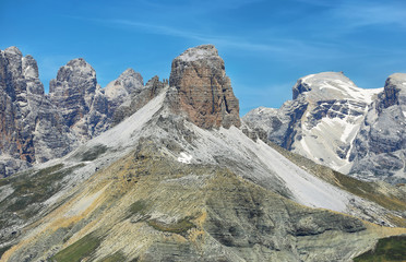 Great view of mountain range in National Park Tre Cime di Lavaredo. Dolomites, Italy