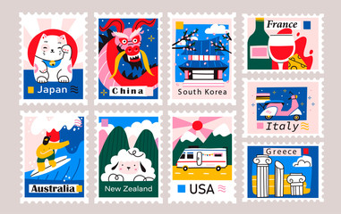 Japan, China, Korea, USA, Italy, France, Greece, Netherlands. Postage mail stamps. Various famous countries of the world with popular stuff. Hand drawn colored vector set. Modern trendy illustration