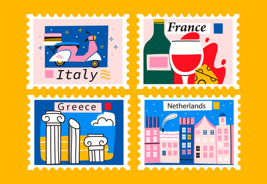 Italy, France, Greece, Netherlands. Postage mail stamps. Various famous countries of the world with popular stuff. Hand drawn colored vector set. Modern trendy illustration. Every stamp is isolated